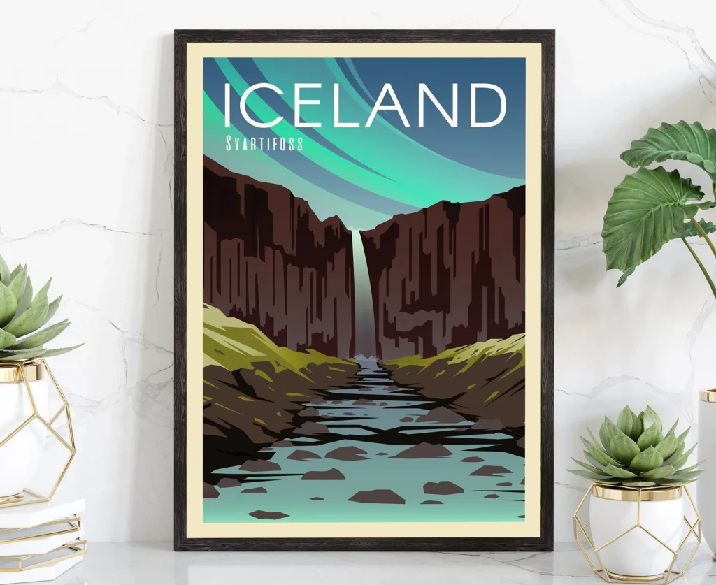 A retro designed poster of Iceland that is vibrant in blues and features a waterfall.