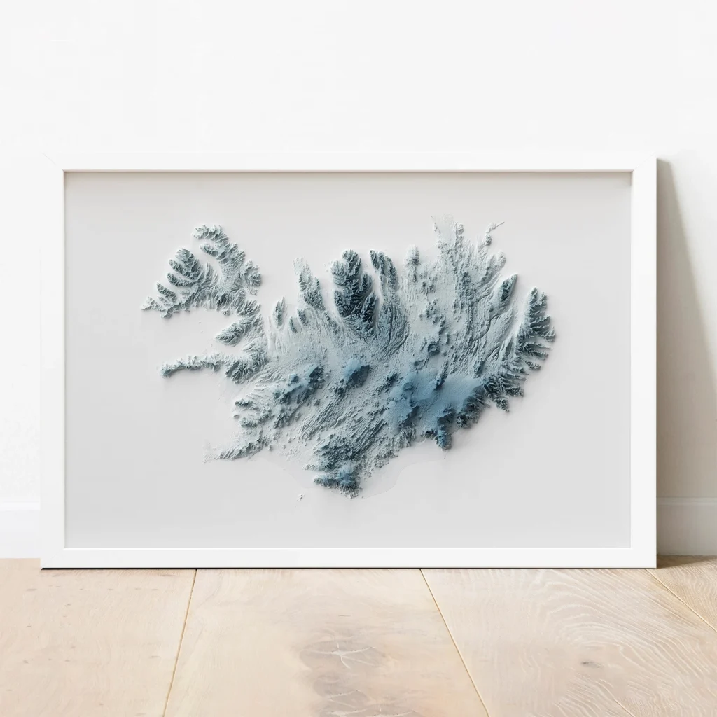 A 2D printed map of Iceland that is shaded in hues of blue to look like it is given topographical depth.