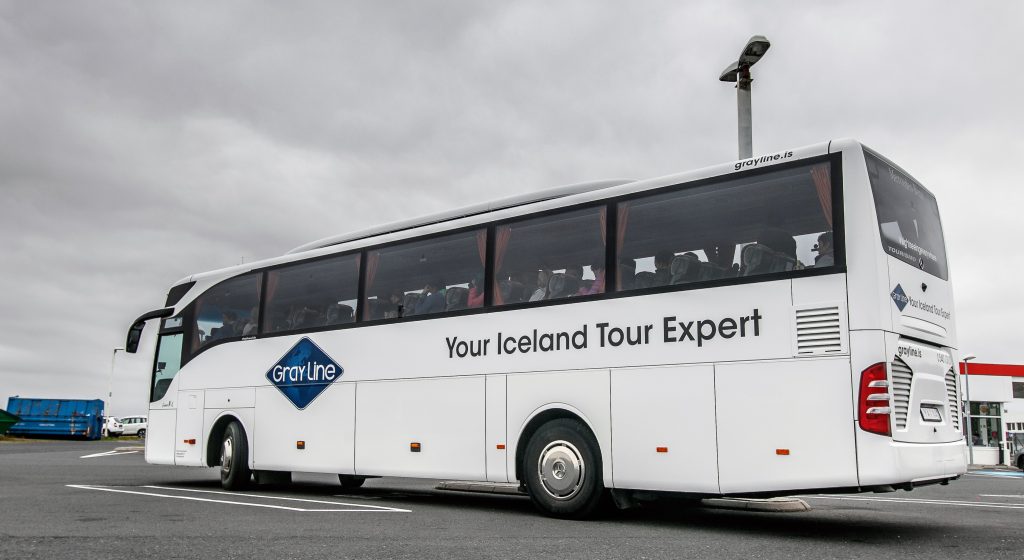 tourists on board a Gray Line bus in the parking lot