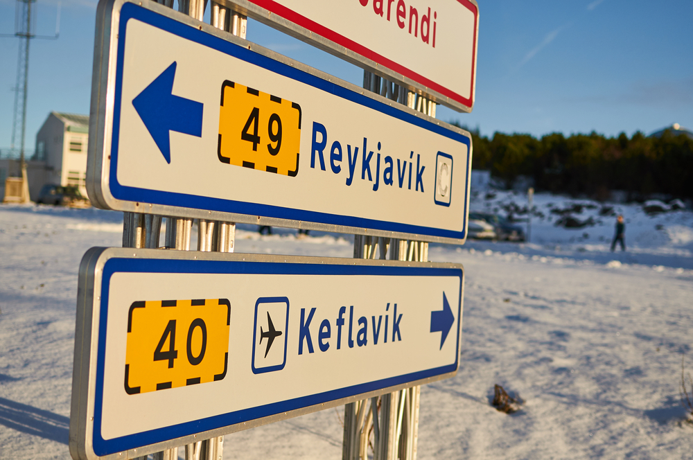 road signs showing which direction to go to get from Keflavik to Reykjavik