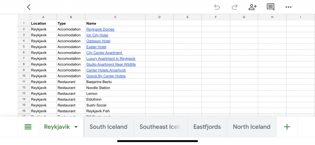 screen shot of Iceland itinerary planning database