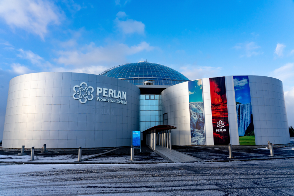 Front of the metal and glass Perlan Museum.