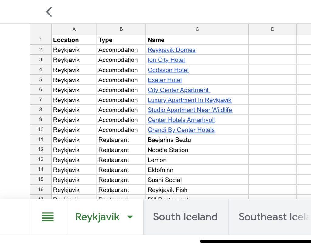 iceland database screen shot showcasing stops in reykjavik on an itinerary 