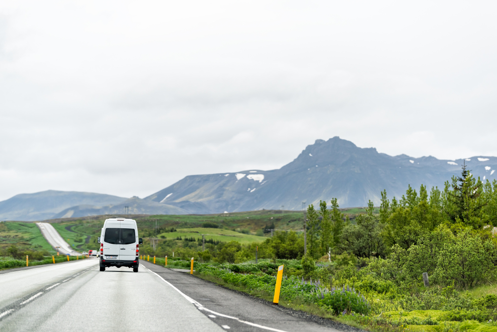 a white van driving a section of Iceland's Golden Circle route