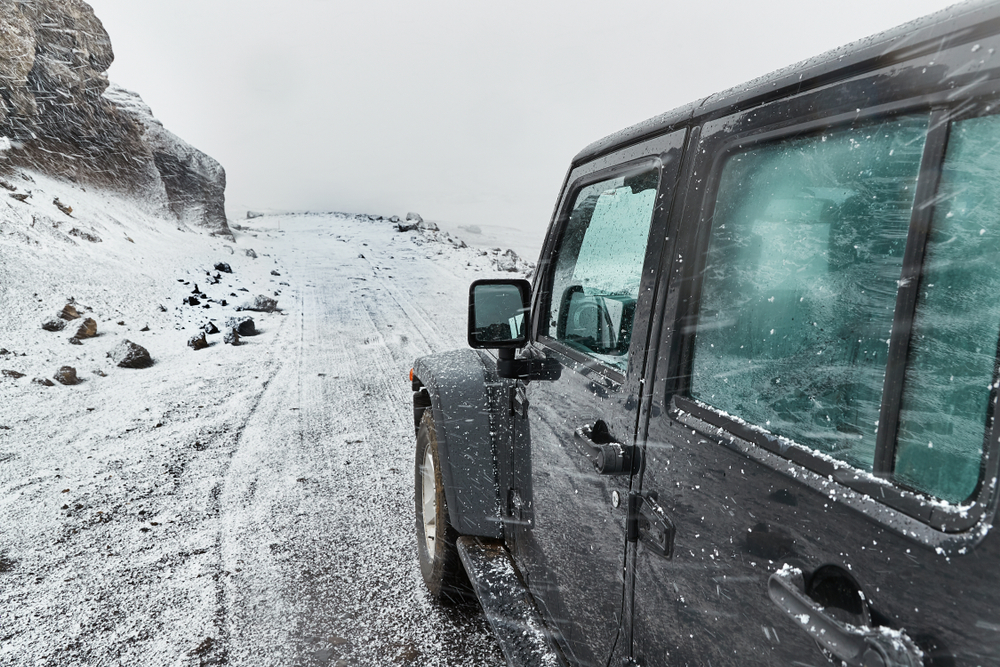 a 4x4 in Iceland trying to navigate an icy snowy road with low visibility