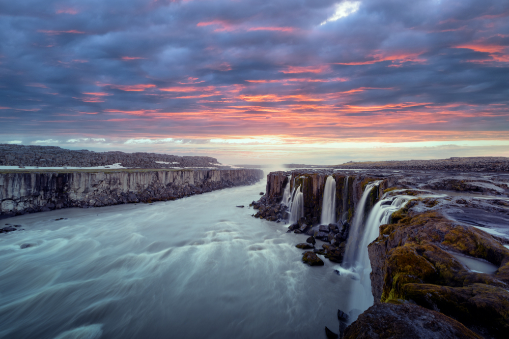 Many slender waterfalls rushing into the canyon at Selfoss waterfalls in Iceland under a purple and pink sky