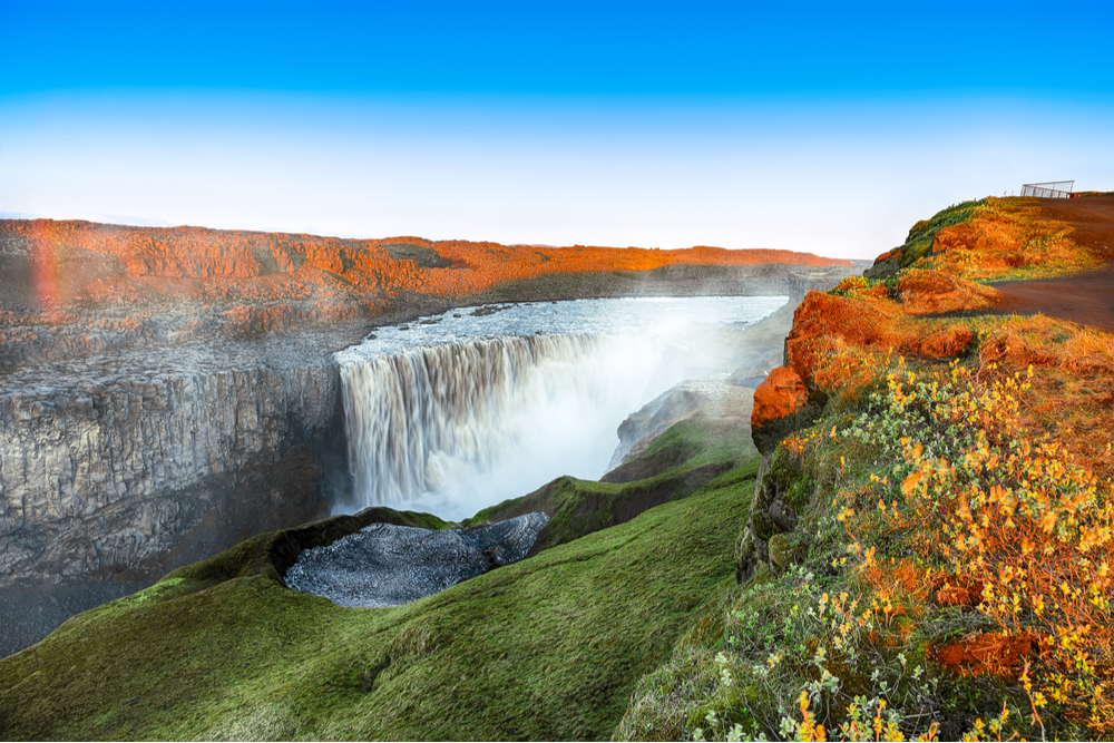 Colorful sunset over Dettifoss waterfalls in Iceland