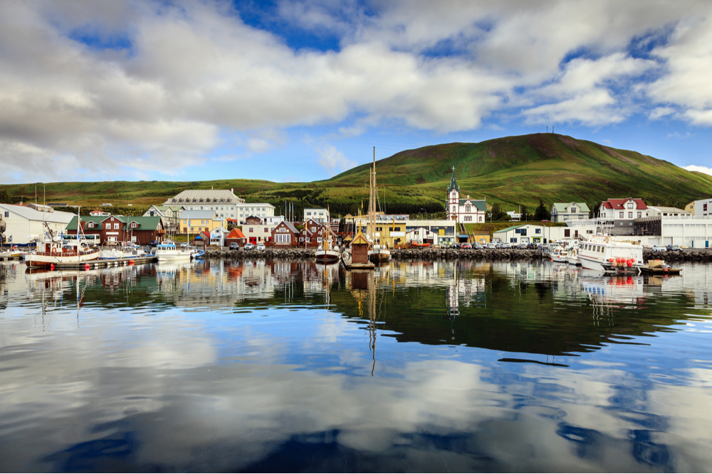 Sunny day on Húsavík harbor with green mountain, ships, and many colorful homes