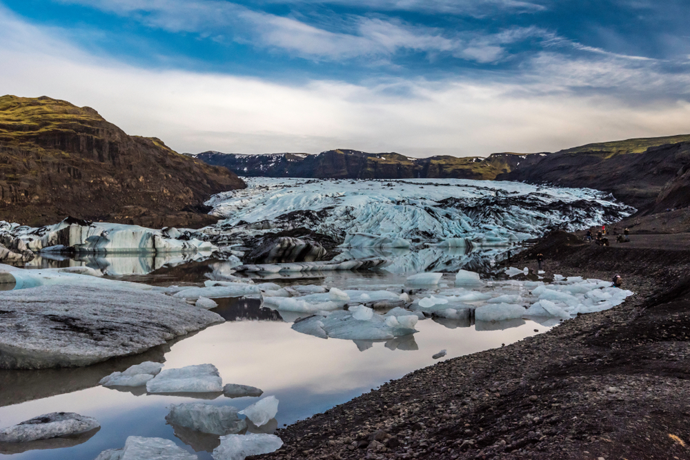 Solheimajokull Glacier at dusk with a iceberg pool in front.