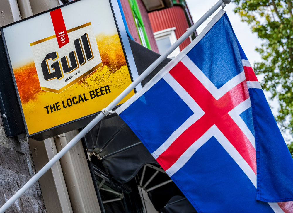  Icelandic Restaurant Red Blue Flag Main Shopping Street Reykjavik Iceland There is a gull sign   