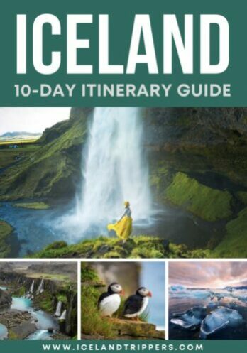 E-book Cover featuring various Icelandic pictures the main one is a women in front of a waterfall.  