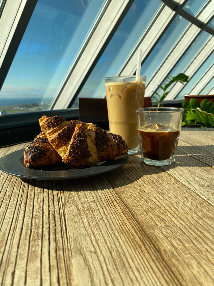 Two chocolate croissants with Iced drink taken at Perlan in Iceland