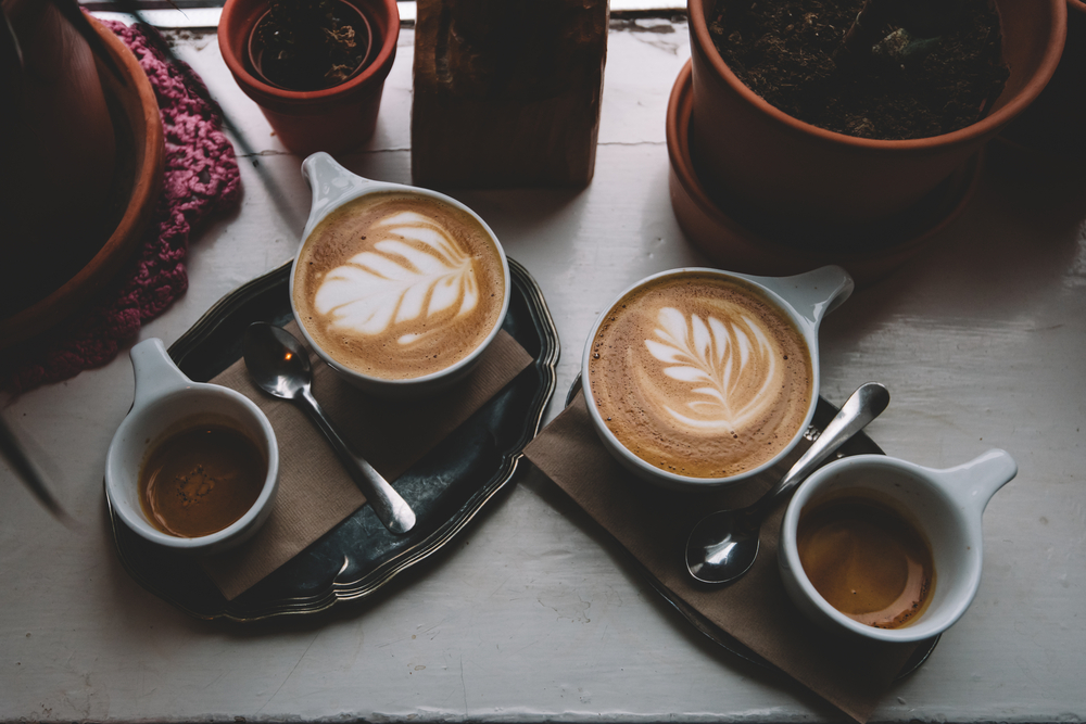 Delicious fresh morning espressos and cappuccinos on the table