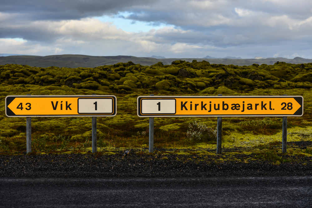 A highway sign from Reykjavik to Vik on the side of the road