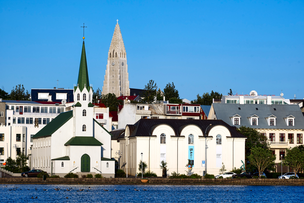 Reykjavik cityscape on lake Tjornin. Iceland. July 2020 featuring the The National Gallery Of Iceland. 