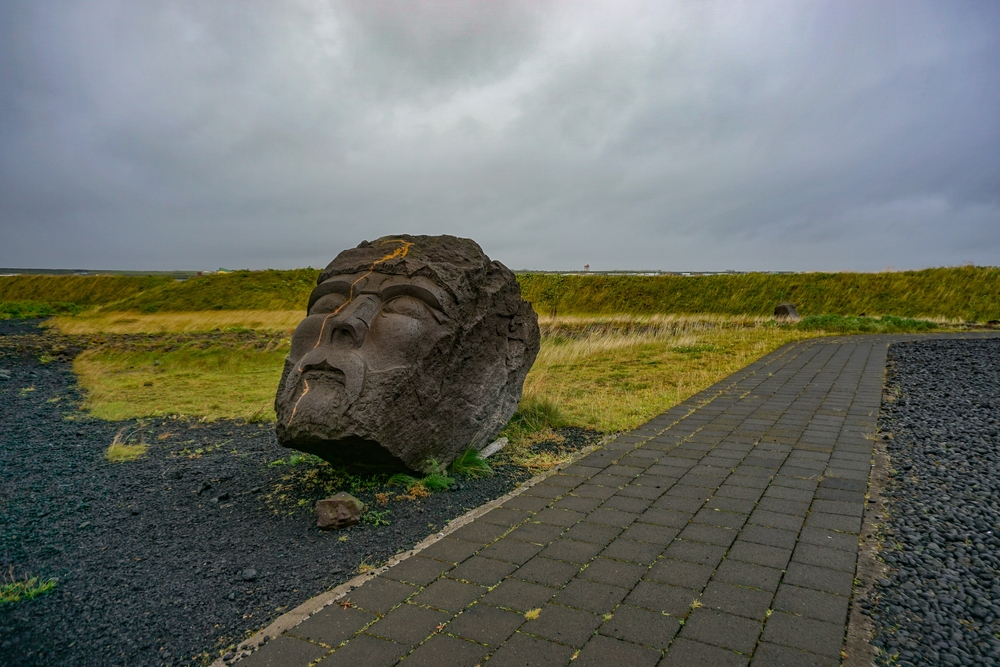 Giant head of Viking sculpture on the grounds of the Viking World Museum 