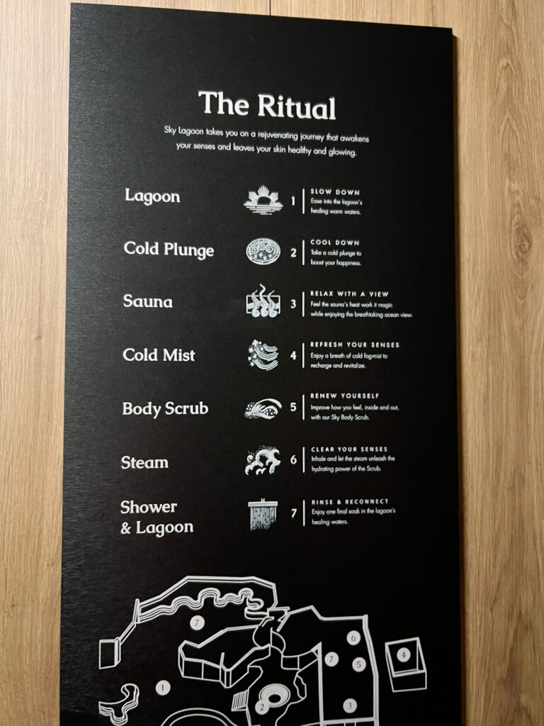 The sign explains the 7-step ritual that is what the Sky lagoon Iceland is known for