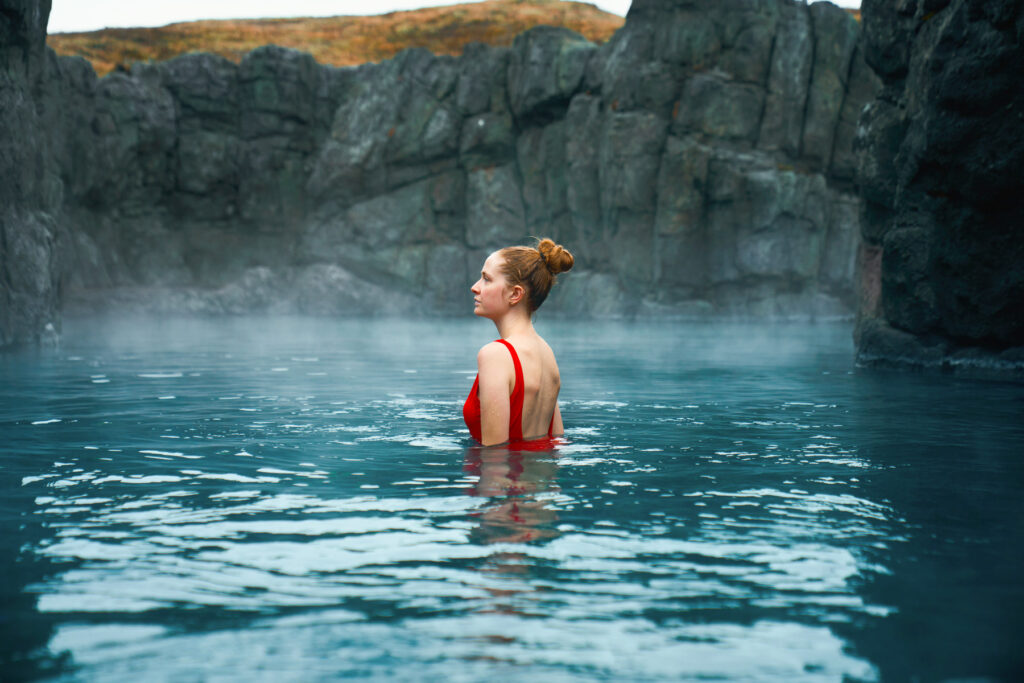 close up of woman soaking in sky lagoon iceland