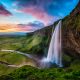 During the sunset, the sky is painted in bright colors and oversees a waterfall and green hills during summer in iceland.