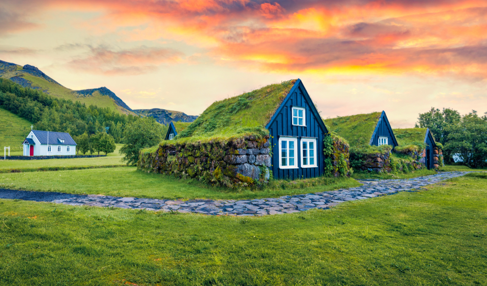 A series of little houses and churches are covered in green during summer in Iceland, as the longer days of sunlight allow the plants to flourish. 