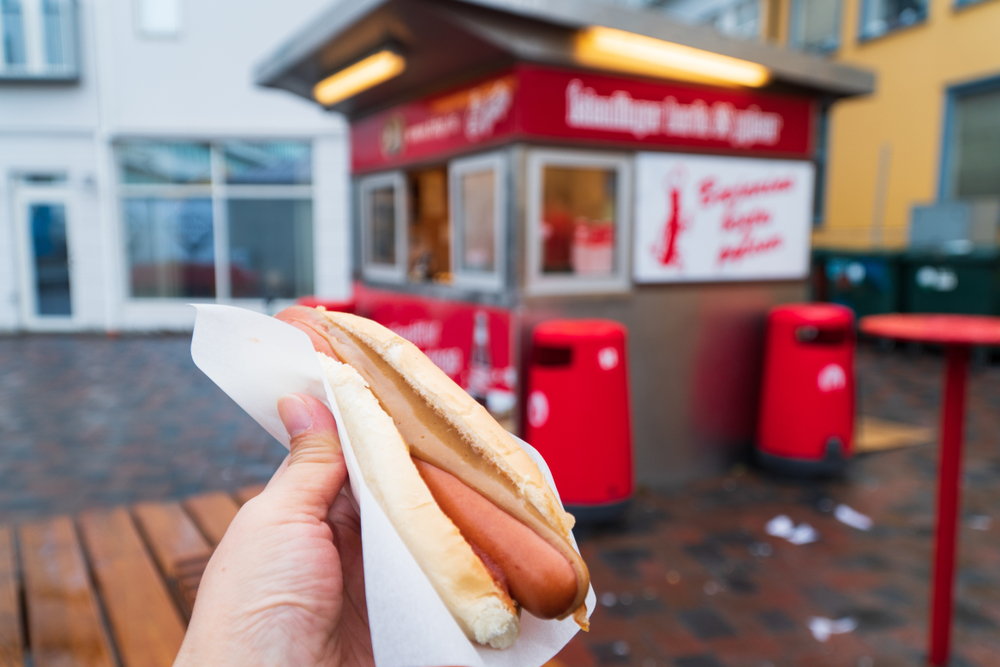 A hot dog in front of one of the best hot dog stands in Iceland on this half day food tasting tours in Reykjavik