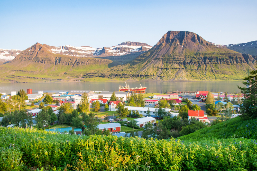 Colorful town on an inlet of iceland with green mossy hills and mountains surrounding it