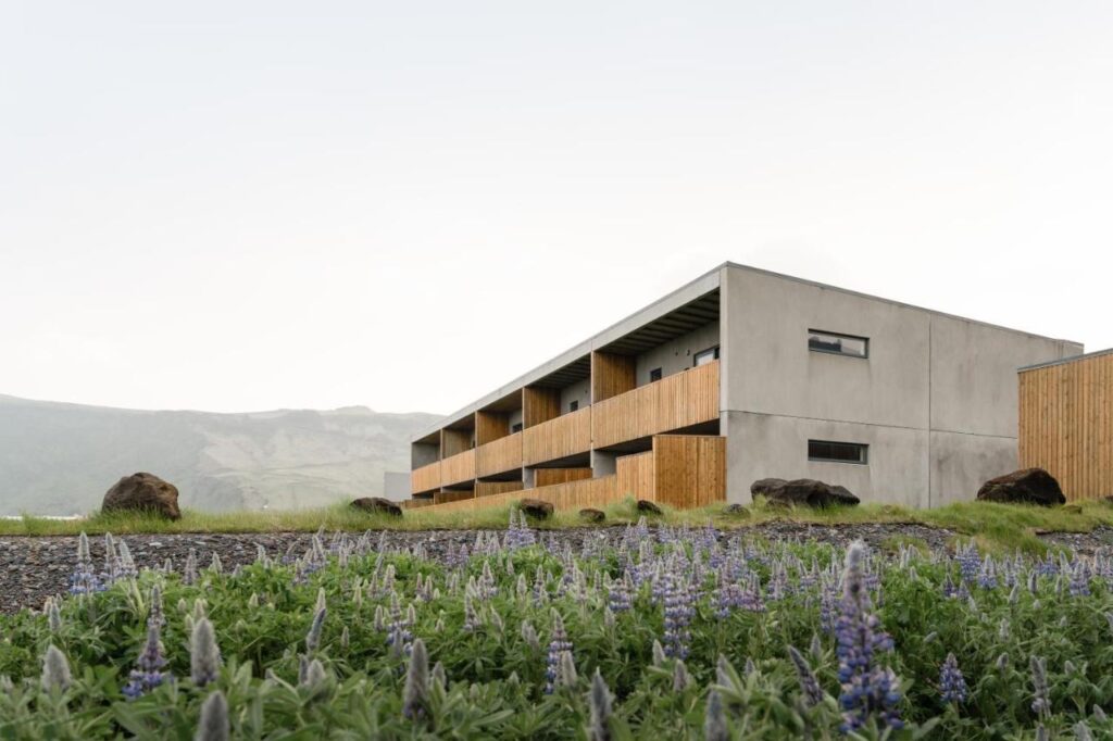 Purple flowers bloom before balcony apartments lined with wood fences in the small town of vik.