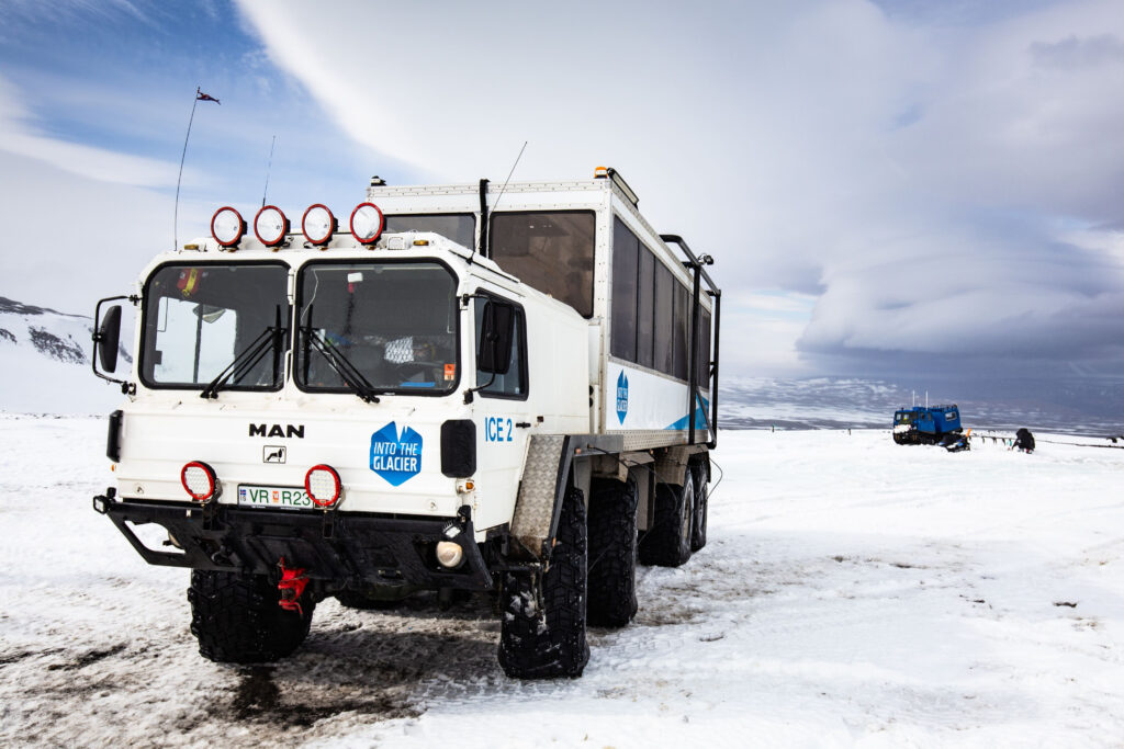 Large Man glacier truck gears up for an adventure to manmade ice caves in Iceland