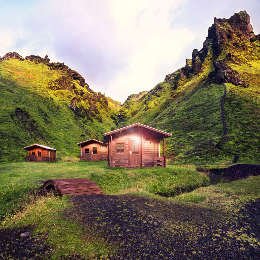 Attractions near Vik include log cabins in Thakgil canyon where the craggy mountains are covered with 
green moss.
