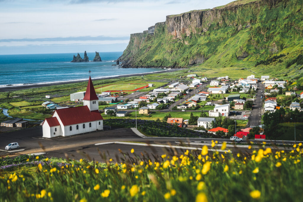 Summer time is the best time to discover things to do in Vik Iceland with sea cliffs, moss covered mountains, and yellow flowers in bloom