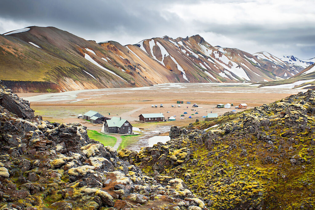 Colorful geothermal area in Iceland highlands with the best campsites in iceland in a large valley