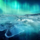 Icebergs drift with northern lights photos above