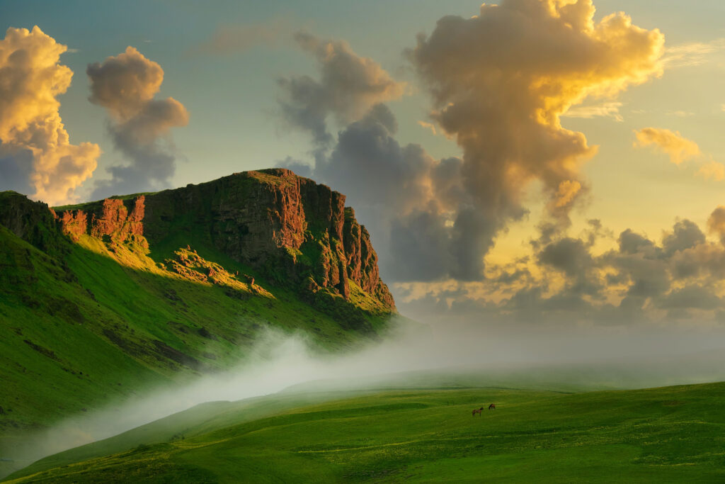 Gorgeous golden hour where horses graze among an open field beside tall mountains as fog quickly covers the land at one of the Icelandic horse farms 