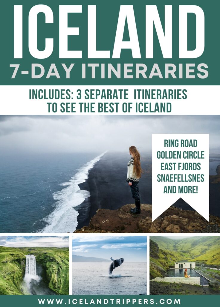 woman standing on cliff edge with whales and woman sitting at hot spring for the cover of a 7 days in iceland itinerary ebook with words on it explaining what the book is about