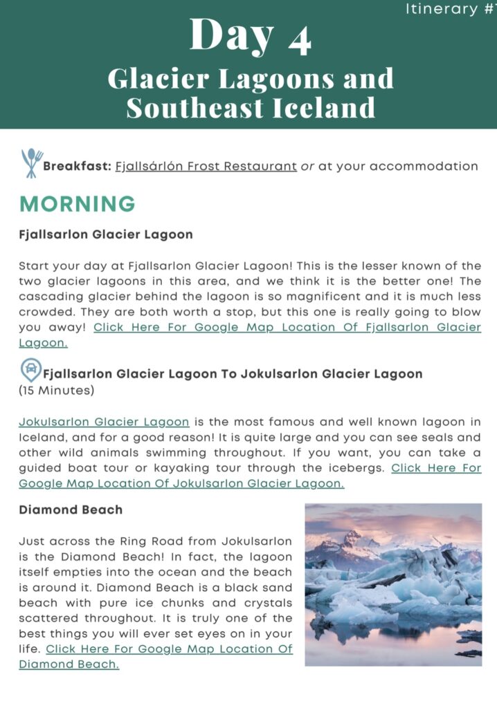 snippet of day 4 from a 7 day in iceland ebook which features morning and driving directions 