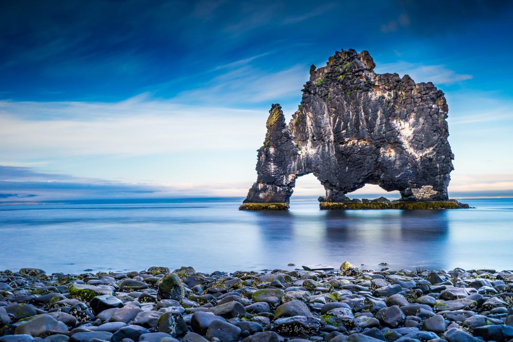 The craggy Hvitserkur Rock Formation in the water.