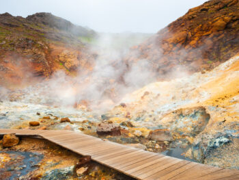 geothermal area with boardwalk on the reykjanes peninsula iceland