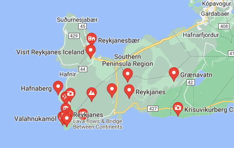 map of reykjanes peninsula in iceland with red landmark dots