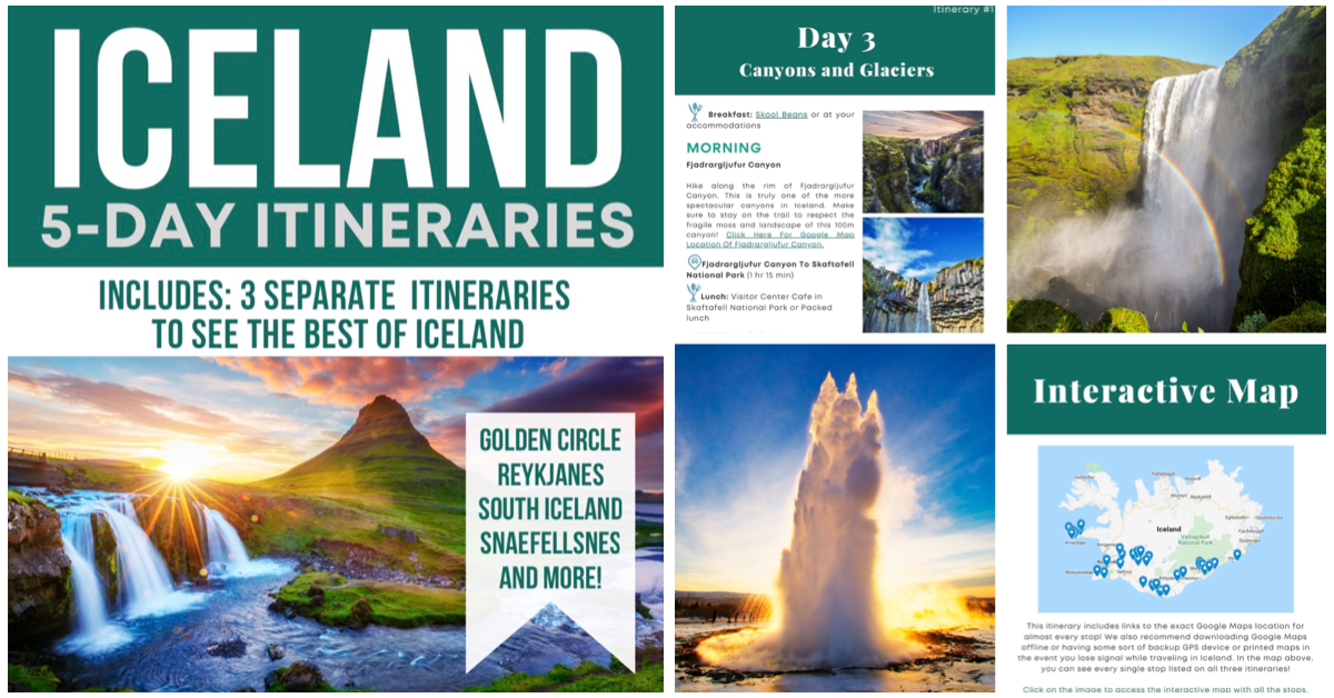 collage of photos and screen shots from an itinerary for iceland in 5 days