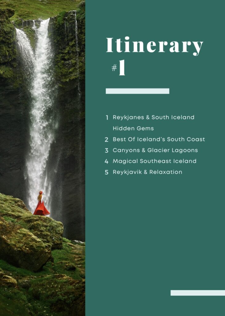 example of a itinerary for iceland in 5 days with a photo of a woman in a red skirt standing by a waterfall