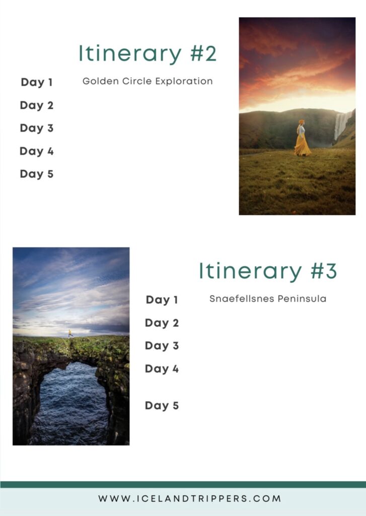 two itinerary examples for 5 days in iceland with photos of a woman in icelandic nature