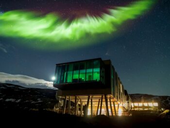 hotel ion along the golden circle in iceland with the northern lights above