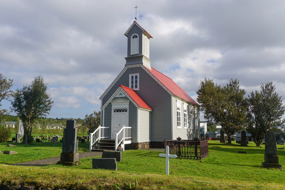 Reykholt, Iceland: The old church (1886-1887) at Snorrastofa, the homestead of the Icelandic Saga writer, Snorri Sturluson (1179–1241).