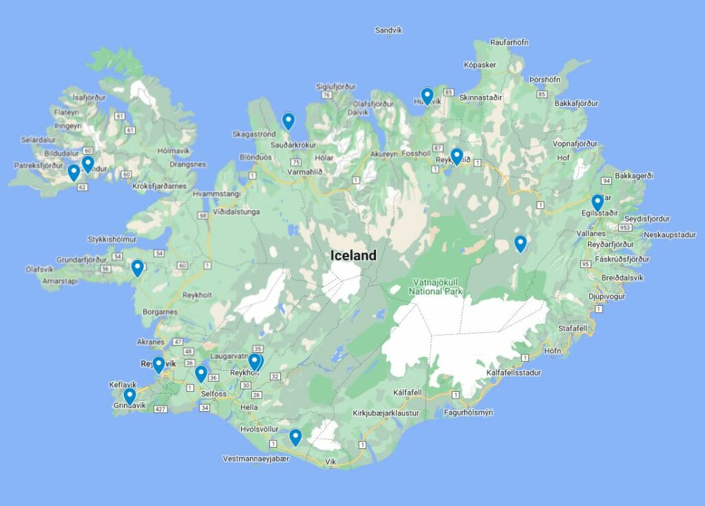 Interactive map of Iceland highlighting various hot springs with blue markers, including The Blue Lagoon and other hot springs, against a backdrop of roads, terrain, and water bodies.