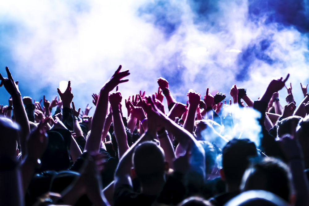 Silhouettes of a lively crowd at a concert, hands raised, with vibrant stage lighting and smoke creating an energetic atmosphere.





