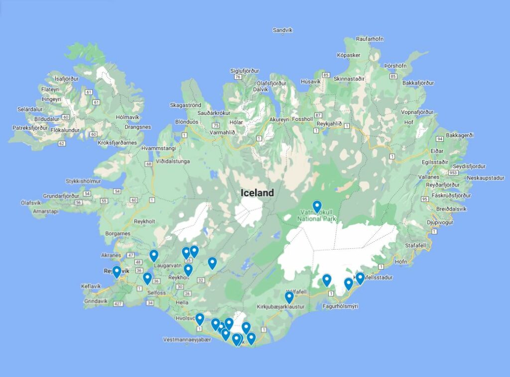 Interactive map of Iceland highlighting various locations with blue pin markers