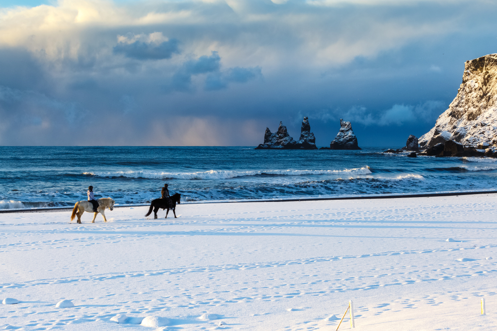 GPT
Two people riding horses on a snow-covered beach with a dramatic backdrop of dark clouds and distant sea stacks. The contrast of the serene snowy landscape against the tumultuous ocean creates a striking scene.