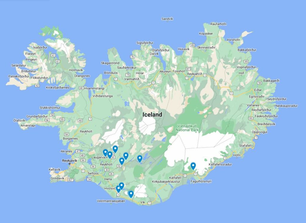 a map of Iceland with the locations of 12 waterfalls on the southern coast of the country