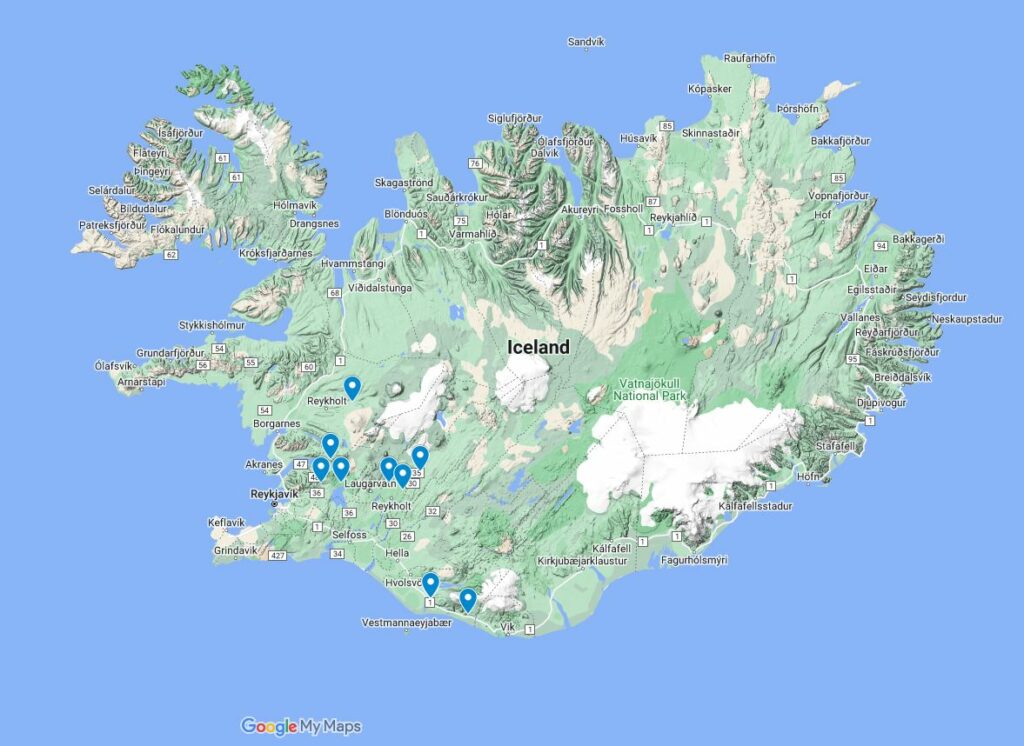 a map of the best waterfalls near reykjavik in iceland