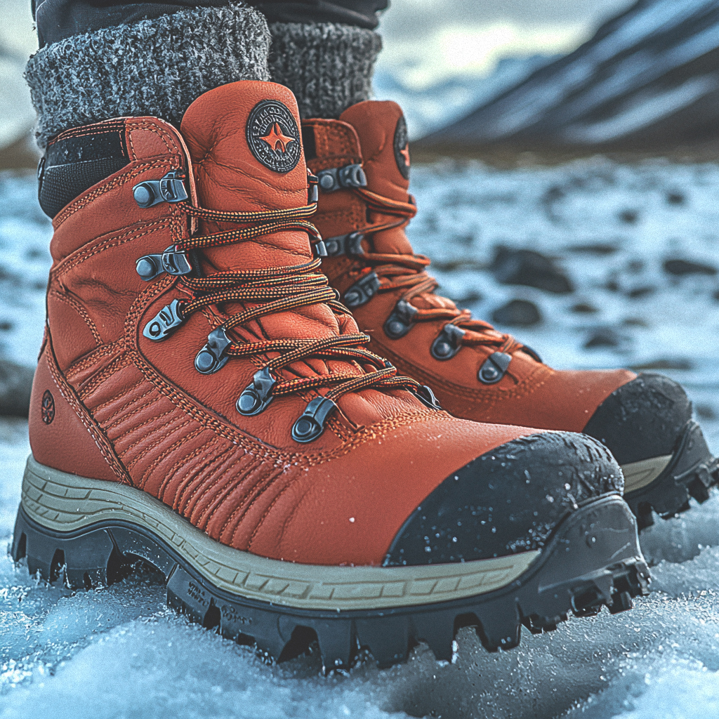 A close-up of rugged red hiking boots with thick soles, laced tightly, standing on icy ground, highlighting their durability and design for cold climates.